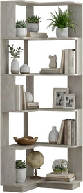 5 Tier Corner Bookshelf, Freestanding L-Shaped Wooden Bookcase with Open Shelves, Anti-Fall Panels and Anti-Tipping Device for Living Room, Bedroom, Home Office (Light Gray)