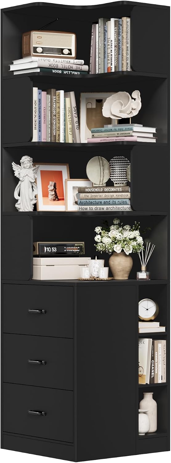 FACBOTALL 76.8' Corner Bookshelf with 3 Drawers and 3 Side Storage Cubbies, L Shaped Tall Bookshelf and Bookcase, 4 Tier Corner Bookcase, Wood Narrow Book Shelf for Living Room, Office, Black