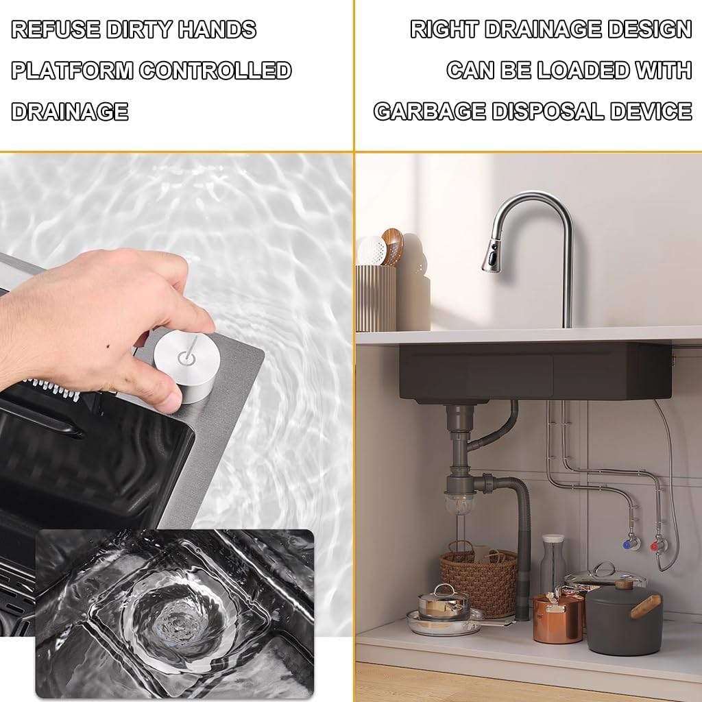 Waterfall Kitchen Sink Stainless Steel Single-Bowl Kitchen Sink with Multi-functional Digital Display Fly Rain Pull-Out Faucet Glass Rinser (Color : Black, Size : 80x46x22cm) (Black 75x46x22cm)