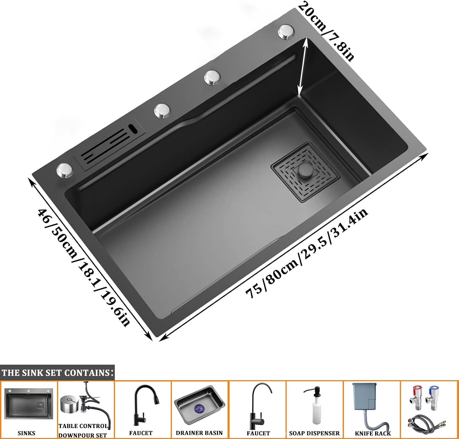 304 Stainless Steel Single Bowl Kitchen Sink Square Nano Bar Sink Rv Sink with Pull-Out Faucet and Drainage Components Top Mount Or Undermount (Color : Black-C, Size : 75x46x20cm) (Blackc 80x50x2