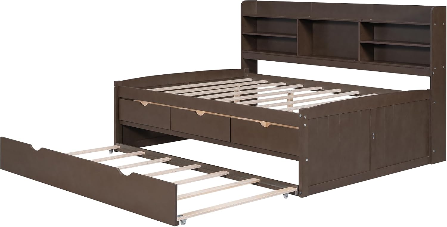 Full Size Corner Bed Frame with Storage Drawers and Trundle,Wooden Captain Bed Frame with Storage Bookshelves Headboard for Living Room Bedroom,No Box Spring Needed, Space Saving,Antique Gray