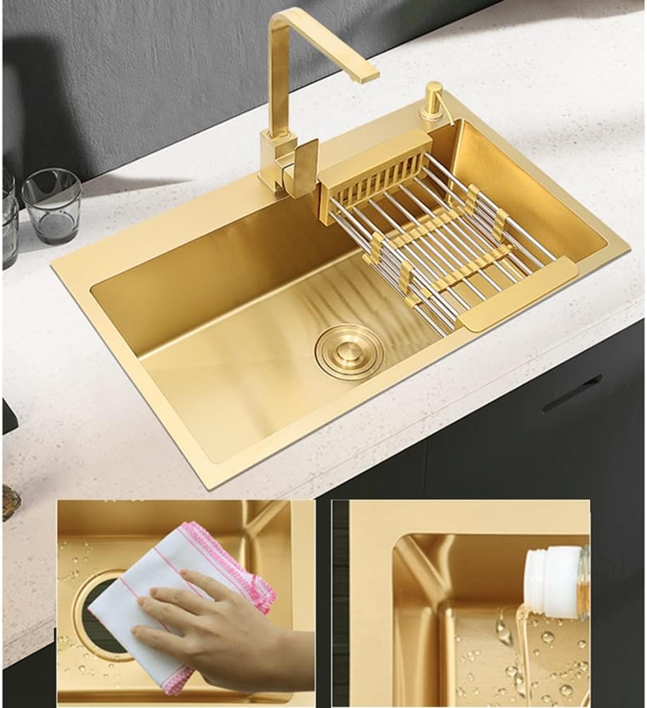 Gold Kitchen Sink - Single Bowl 16 Gauge Stainless Steel Sink - Single Bowl Undermount or Drop-in, 5 Sizes (Color : Kit-A, Size : 75x45x22cm) (KitC 75x45x22cm)