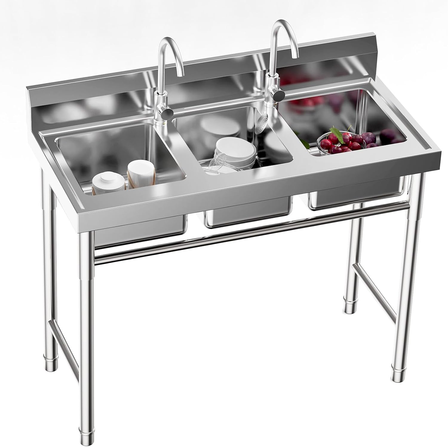 3 Compartment Sink, 3 Bay Stainless Steel Sink with Inlet Pipes & Faucet, Commercial Utility Sink for Basements, Terraces, Bars, Kitchens, Freestanding, 39 x 18 x 35.8 Inch