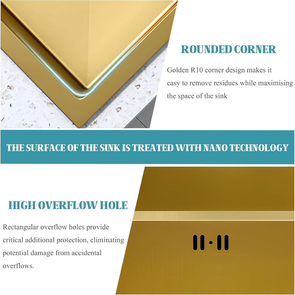 Gold Double Bowl Kitchen Sink, Stainless Steel Nano-Coated, Double Basin Sink, Drop-in Undermount with Gold Sink Stopper Drain Strainer 80 * 45cm