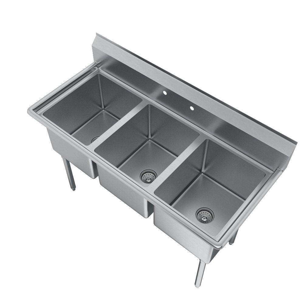 Elkay Foodservice 3 Compartment Sink, 81'X29.75' OA, 36' Working Height, 24X24 Bowl, 12 Deep, 9.75' Backsplash, No Drainboards, 8' On Center Faucet Hole, Galvinized Legs, Adjustable Feet, 18 Gauge 300 Series Stainless Steel, NSF Certified