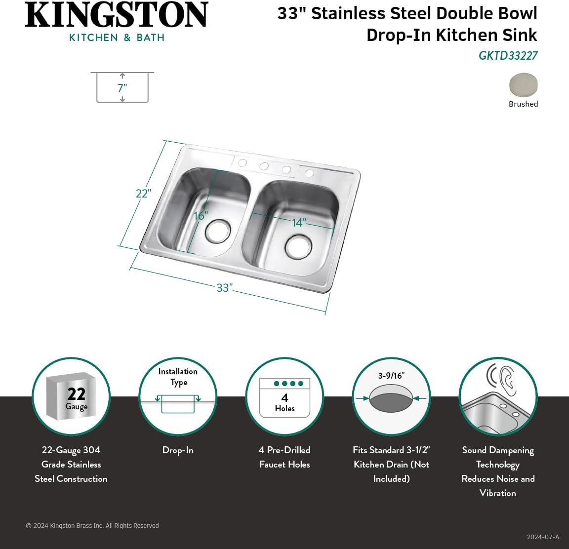 Kingston Brass Gourmetier GKTD33227 Self Rimming Stainless Steel Double Bowl Kitchen Sink 33-Inch-Length by 22-Inch-Width by 7-Inch-Height, Brushed Stainless Steel