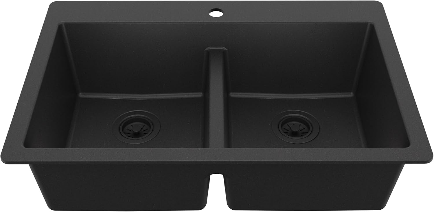 Karran 33' Black Quartz Composite Double Bowl Kitchen Sink – Top Mount Drop-In 50/50 Low Divider, 80% Natural Quartz, 535°F Heat Resistant, Sound Dampening, Granite Composite, QT-810