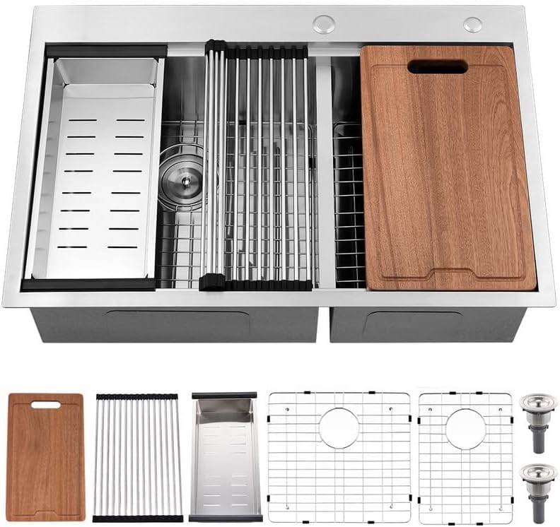 33 Inch Double Bowl Drop In Kitchen Sink Workstation-Bokaiya 33x22 Stainless Steel 60/40 Double Bowl Kitchen Sink 16 Gauge Deep Low Divide Double Sink with Cutting Board