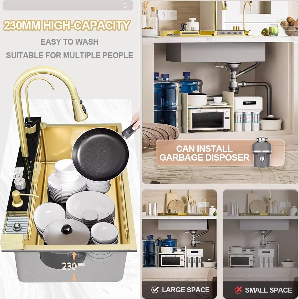 Stainless Steel Kitchen Sink Golden Single Bowl Waterfall Sink Multi-Functional Bar Sink with Integrated Faucet, Drain Basket, Drain Basin, Cup Washer (Color : Gold, Size : 75x45x21cm) (Gold 68x45