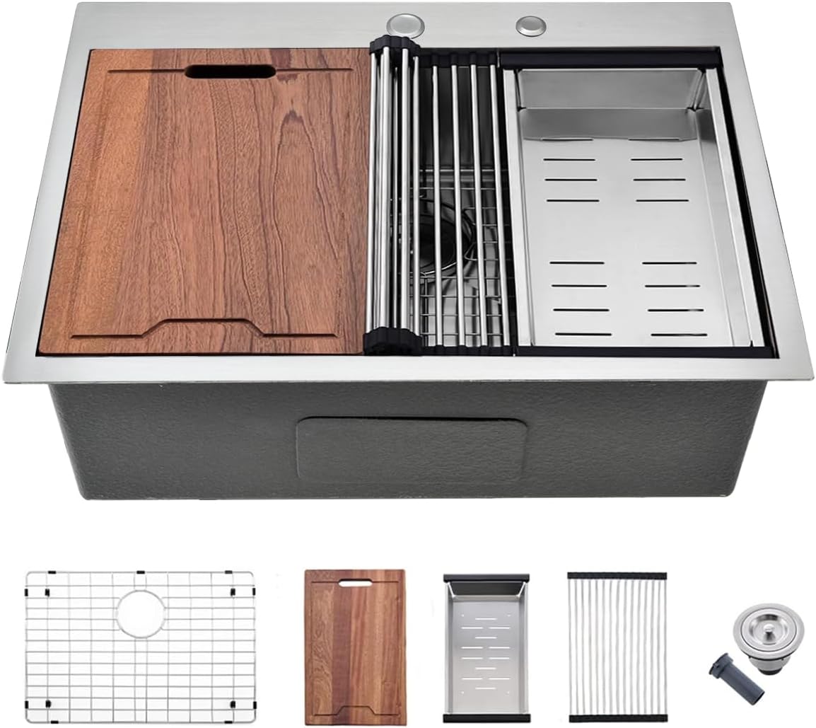 26 inch Drop in Kitchen Sink - VOKIM 26'x 19' Inch Drop in sink Workstation 16 Gauge Single Bowl Kitchen Sink With Cutting Board& colander