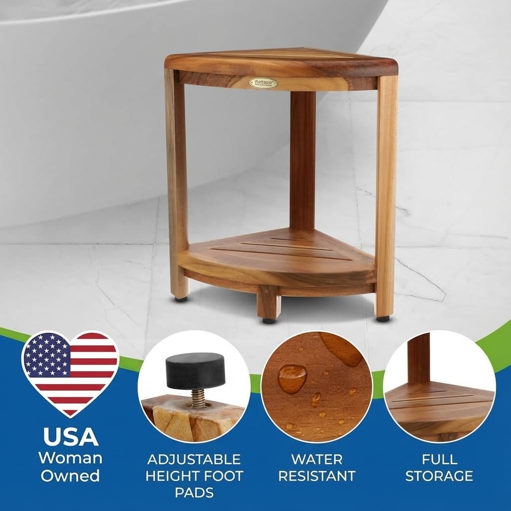 EcoDecors Fully Assembled SnazzyCorner® 18' Teak Shower Bench, Corner Shower Stool, w Shelf in Earthy Teak Finish, Compact Fit for Small Bathrooms & Walk-in Showers – Slip-Resistant Feet, Sauna Bench