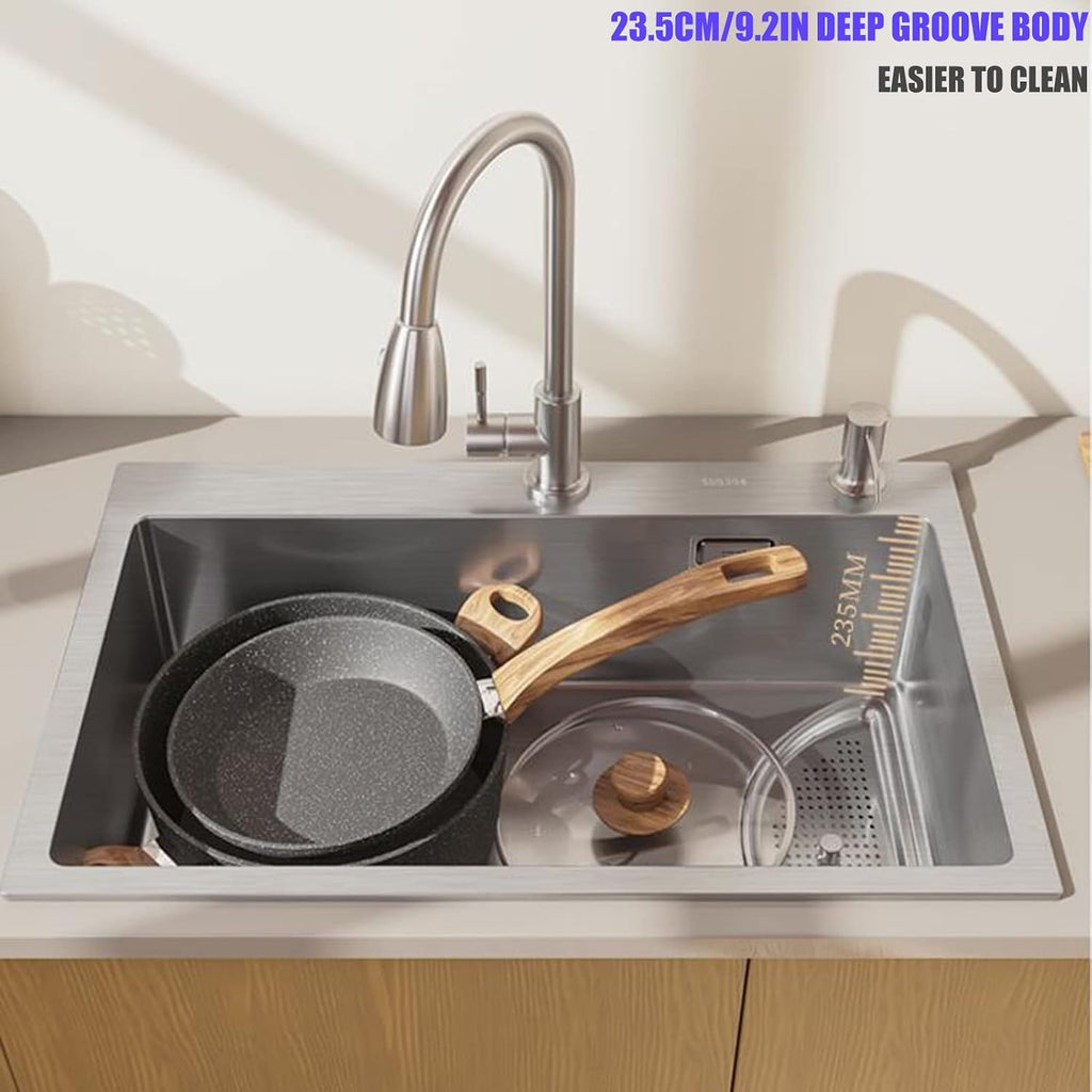 Square Brushed Single Bowl Kitchen Sink/ 304 Stainless Steel Bar Prep Sink with Drain Pipe and Installation Kit Drop in Or Undermount (Color : NO Faucet, Size : 68x45x23.5cm) (Bhave Faucet 68x45x