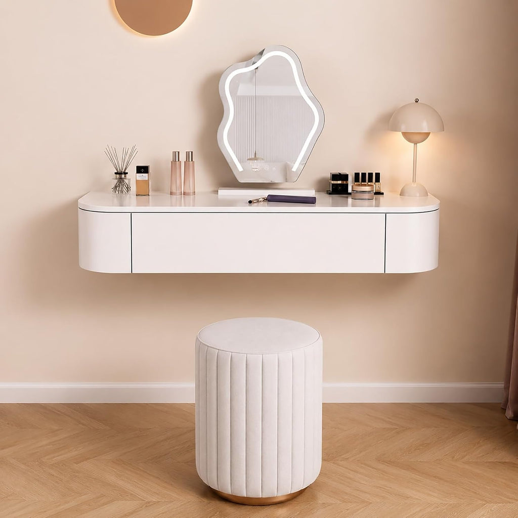 Floating Makeup Vanity for Wall, White Corner Floating Desk Dresser, Wall Mounted Floating Dressing Table with Storage, Small Wood Vanity Desk with Mirror and Lights, Bedside Vanity with Shelf Bedroom