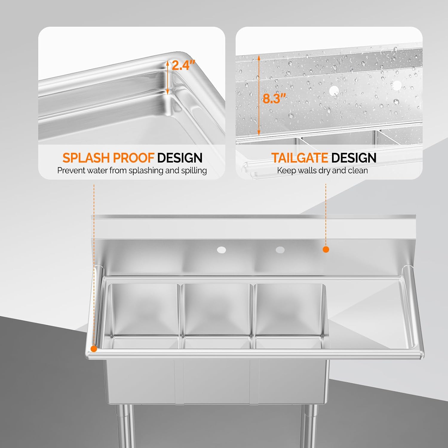 ROVSUN Commercial Sink, Stainless Steel with 3 Compartment and Right Side Drainboard, 43.9' x 20' x 43.3' Freestanding Kitchen Utility Sink, Bowl Size 10' x 14' x 10', Silver
