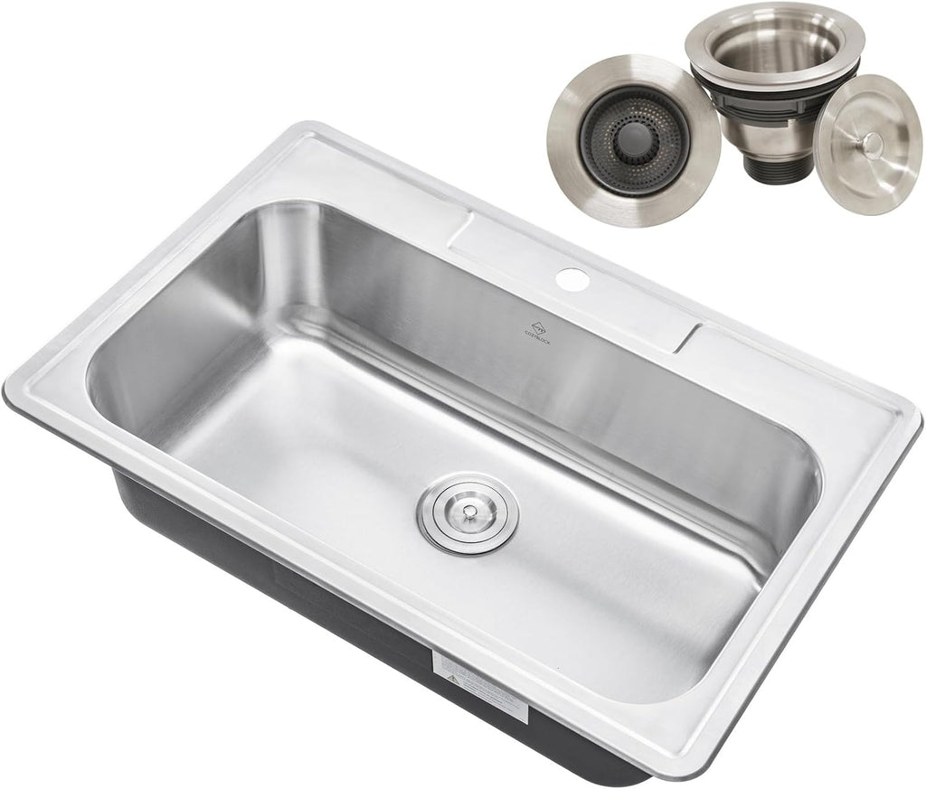 CozyBlock 33 x 22 x 9 Inch Top-mount/Drop-in Stainless Steel Single Bowl Kitchen Sink with Strainer - 18 Gauge Stainless Steel-1 Faucet Hole