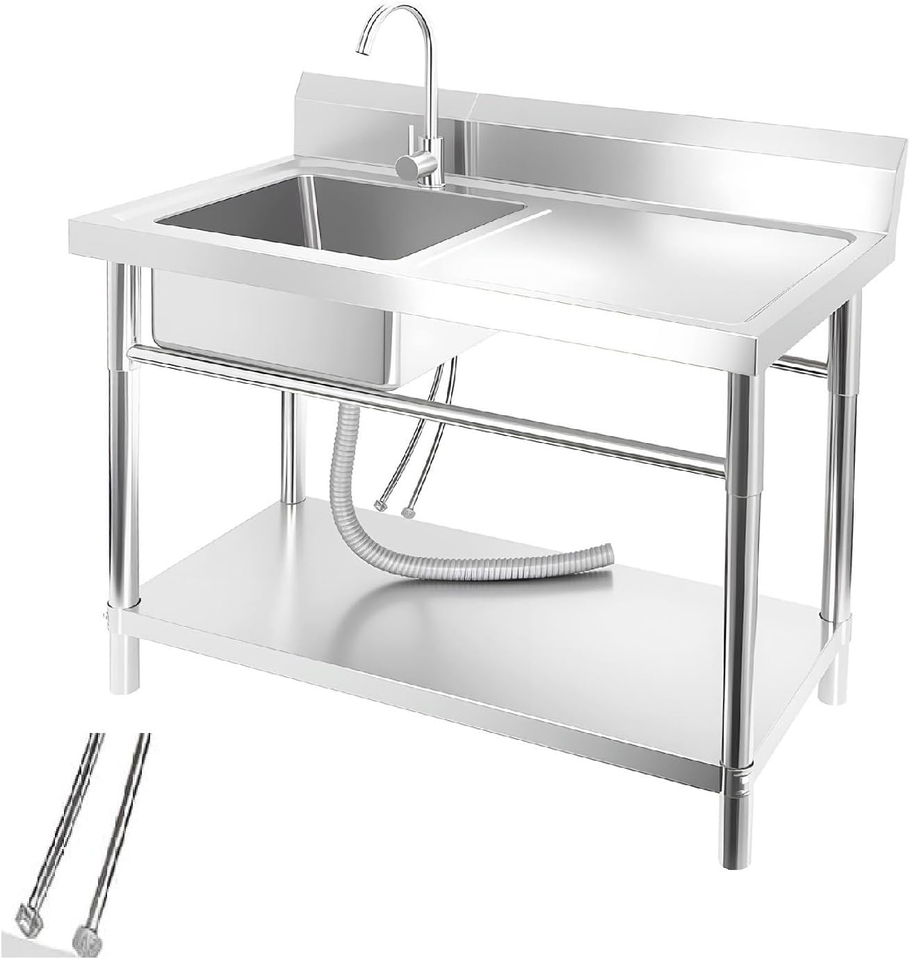 Utility Sink Stainless Steel Laundry Sink, 360 Degree Rotating Faucet, Hot And Cold Water Functions for Garage Kitchen Bathroom Laundry Use (32'' Sink with Workbench)