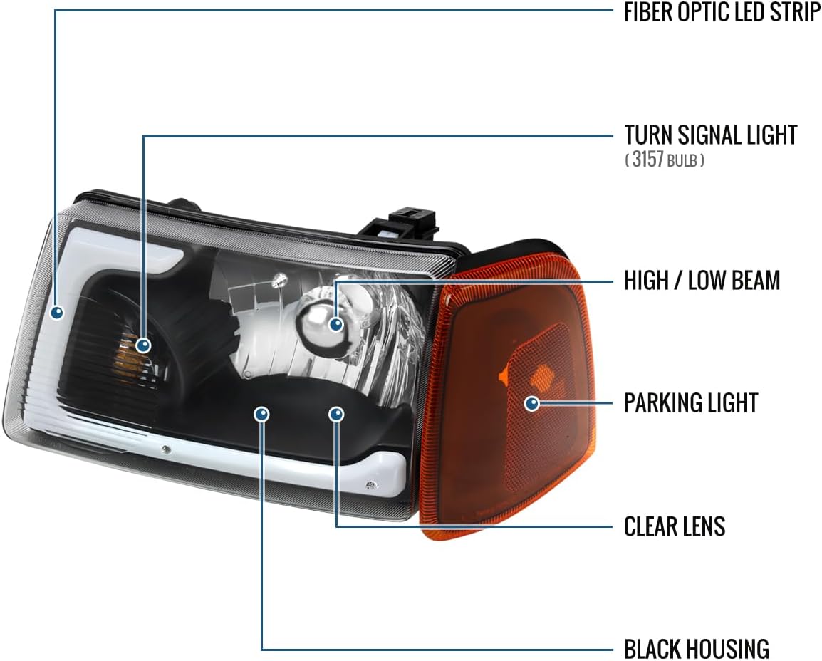 Ronnin - Fits 2001-2011 Ford Ranger Upgraded LED Running Tube Lights Headlights + Amber Corner Lamps Replacement Assembly Pair | Black