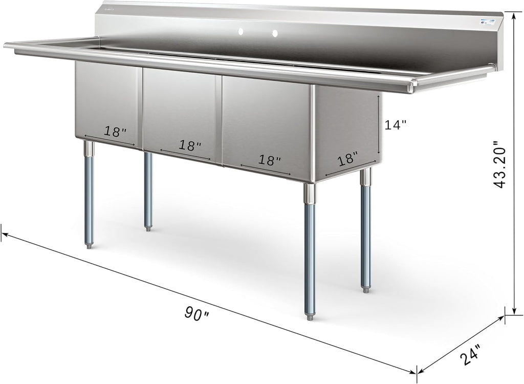 KoolMore 90 in. Three Compartment 18-Gauge Stainless-Steel NSF Commercial Kitchen Sink, Bowl Size 18x18x14, with Three Basins and Pre-Drilled Faucet Holes and Two Drainboards (KM-SC181814-18B3)