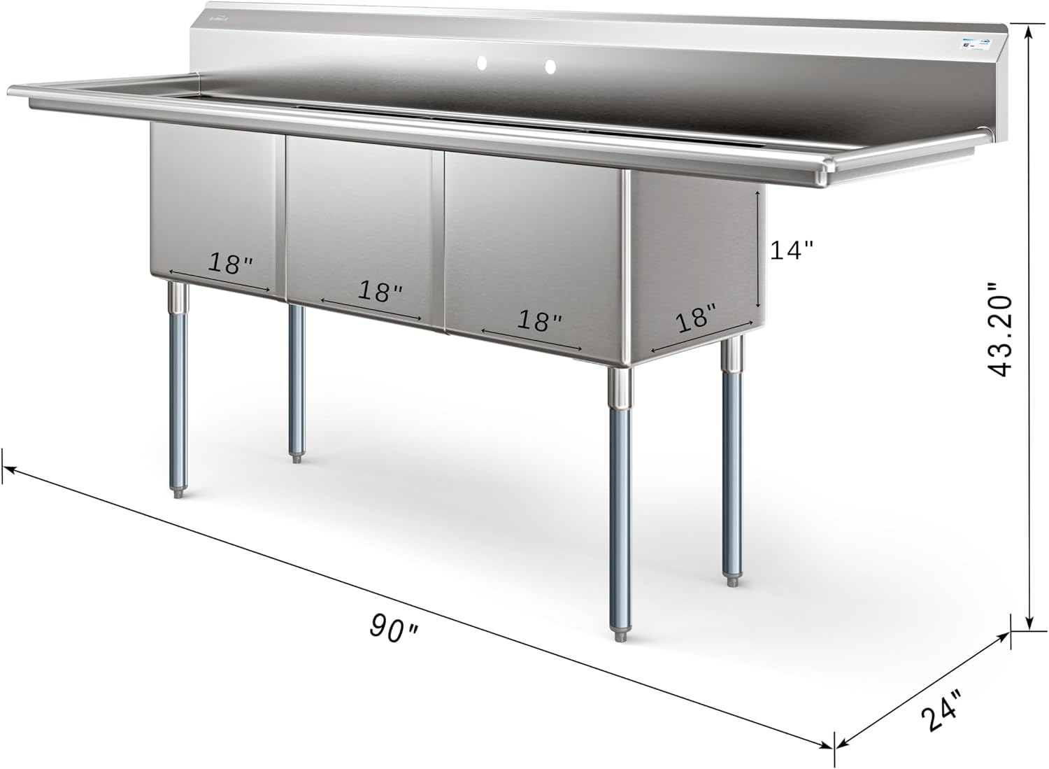 KoolMore 90 in. Three Compartment 18-Gauge Stainless-Steel NSF Commercial Kitchen Sink, Bowl Size 18x18x14, with Three Basins and Pre-Drilled Faucet Holes and Two Drainboards (KM-SC181814-18B3)