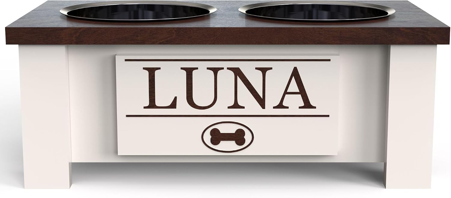 GTW Elevated Dog Bowl Stand for Small Dogs - Customized Feeding Station with Storage & Stainless Steel Food Bowls (Small, Dark Walnut)