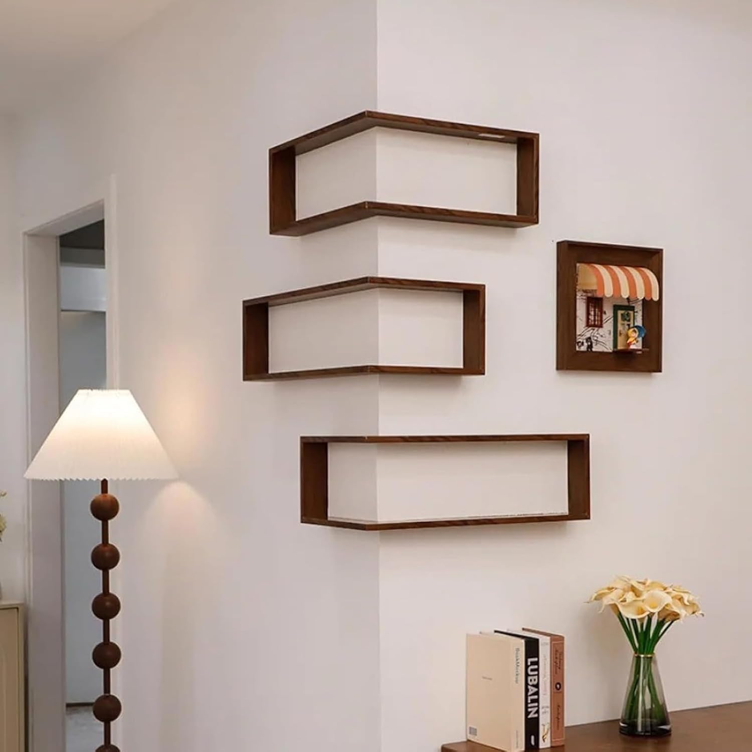 Smart Corner Shelves That Light Up Your Space, Set of 3 Corner Floating Storage Shelves,Wooden Wall-Mounted Corner Shelf Display Rack, Modern Wall-Mounted Display Rack Stand (Includes LED Lights*6)
