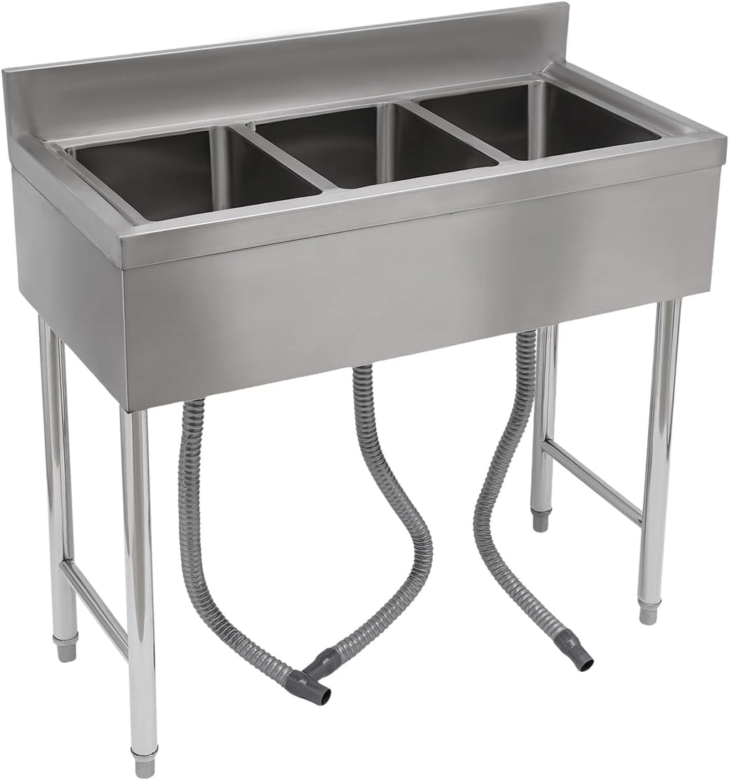 Stainless Steel Utility Sink, Triple Bowl Freestanding Commercial Kitchen Sink with Hot & Cold Faucet, 3 Compartment Utility Sink for Restaurant Garage Laundry, L38*W18.5*H37in