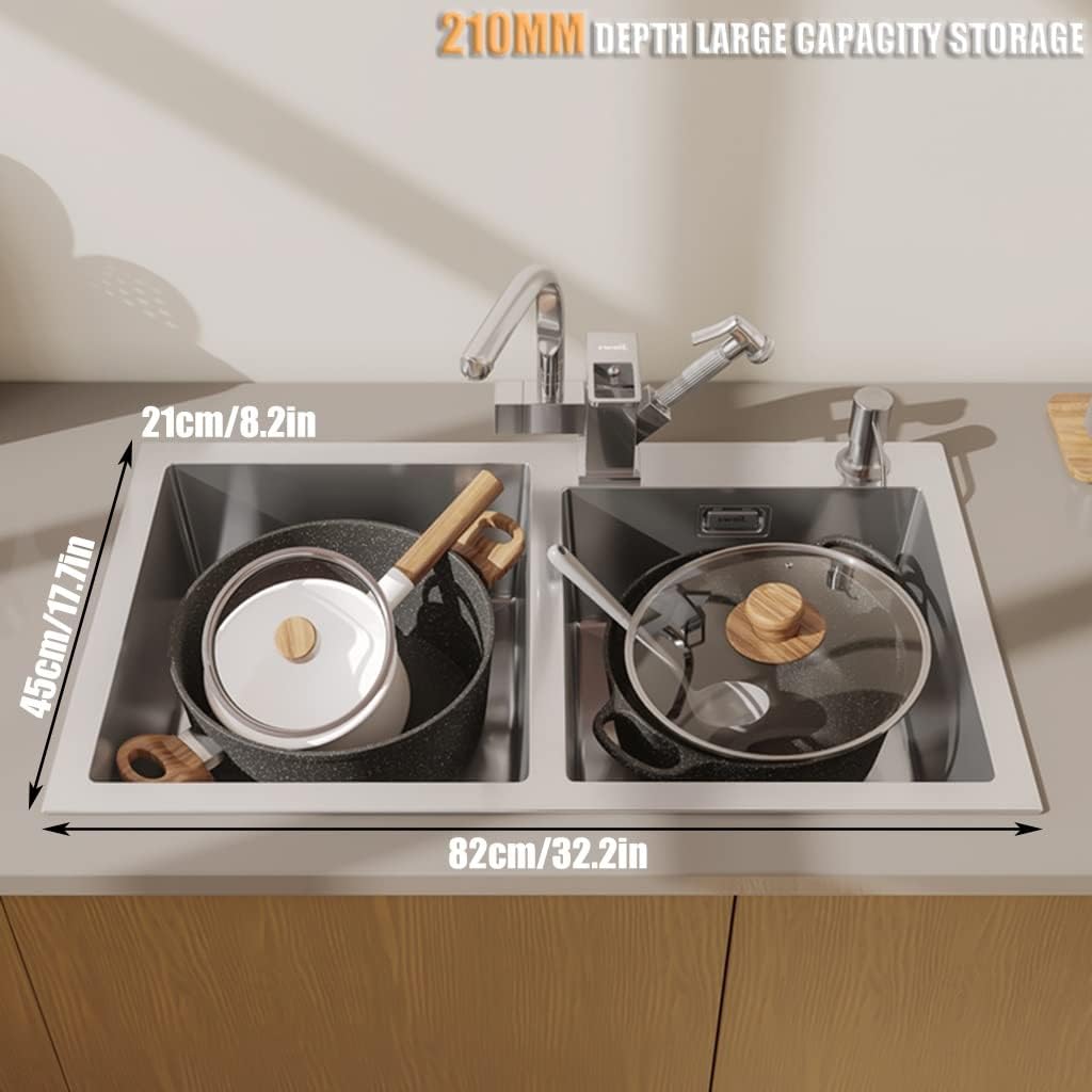 Brushed Double Bowl Kitchen Sink Prep Sink Rv Sink with Faucet & Drain Assembly Drop in or Undermount (D-82 * 45 * 21Cm