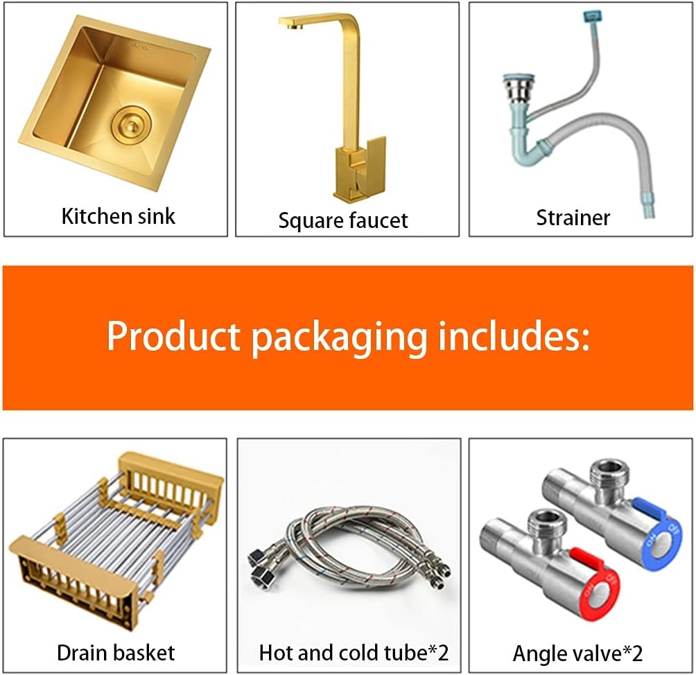 Kitchen Sink Gold Single Bowl Bar Counter Preparation with Faucet and Drain Pipe Drop-in Or Undermountstainless Steel Metal Sink Kitchen Essentials Bar Cleaning Container (Gold 38×38cm)