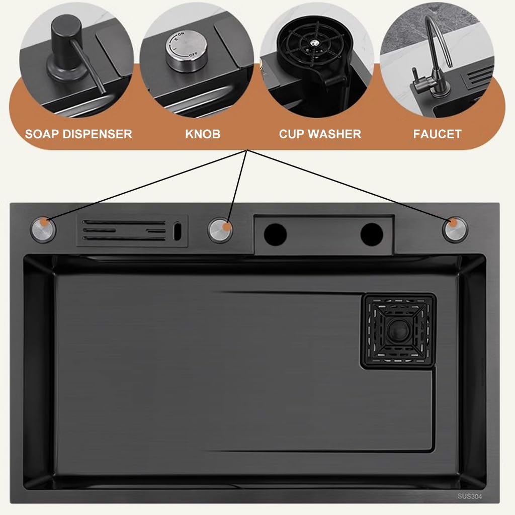 Waterfall Sink with 1080° Rotating Faucet Stainless Steel Single-Bowl Kitchen Workstation Sink with Pull-Out Faucet and Cup Washer Dual-Mount (Color : Black, Size : 68x46x21cm) (Black 68x46x21cm)
