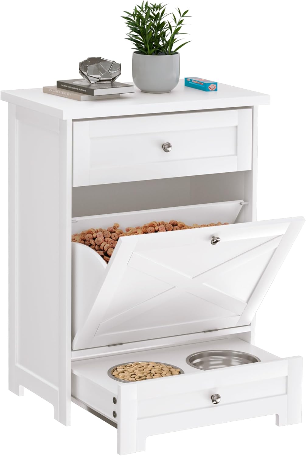 Dog Feeding Station with 2 Elevated Bowls,Hidden Pet Feeder Station with Tilt Out Dog Food Storage Cabinet,Dog & Cat Storage Organizer with Drawer,White