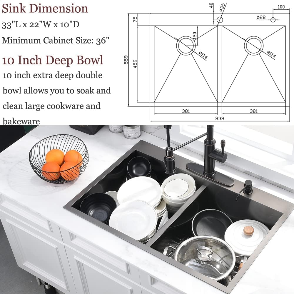 33 Inch Black Double Bowl Drop In Kitchen Sink-Bokaiya 33x22 Drop In Kitchen Sink 50/50 Double Bowl 16 Gauge Deep Low Divided Stainless Steel Basin with Roll Up Rack