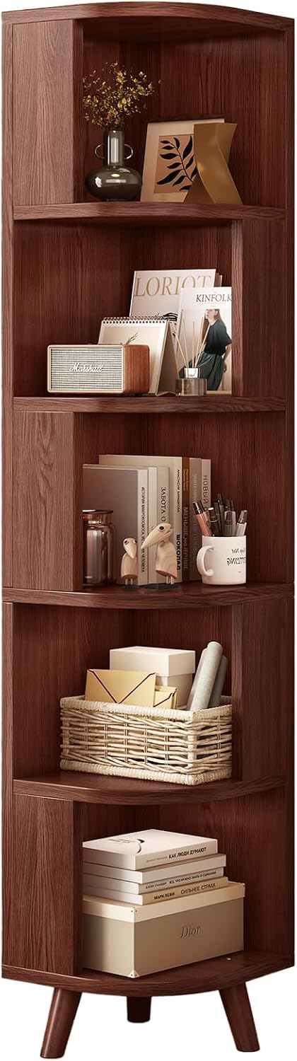 5-Tier Corner Shelf, Tall Modern Corner Bookshelf, 5 Shelf Corner Bookcase with Baffle, Freestanding Wood Corner Display Storage Shelf Organizer for Living Room, Office (Walnut)