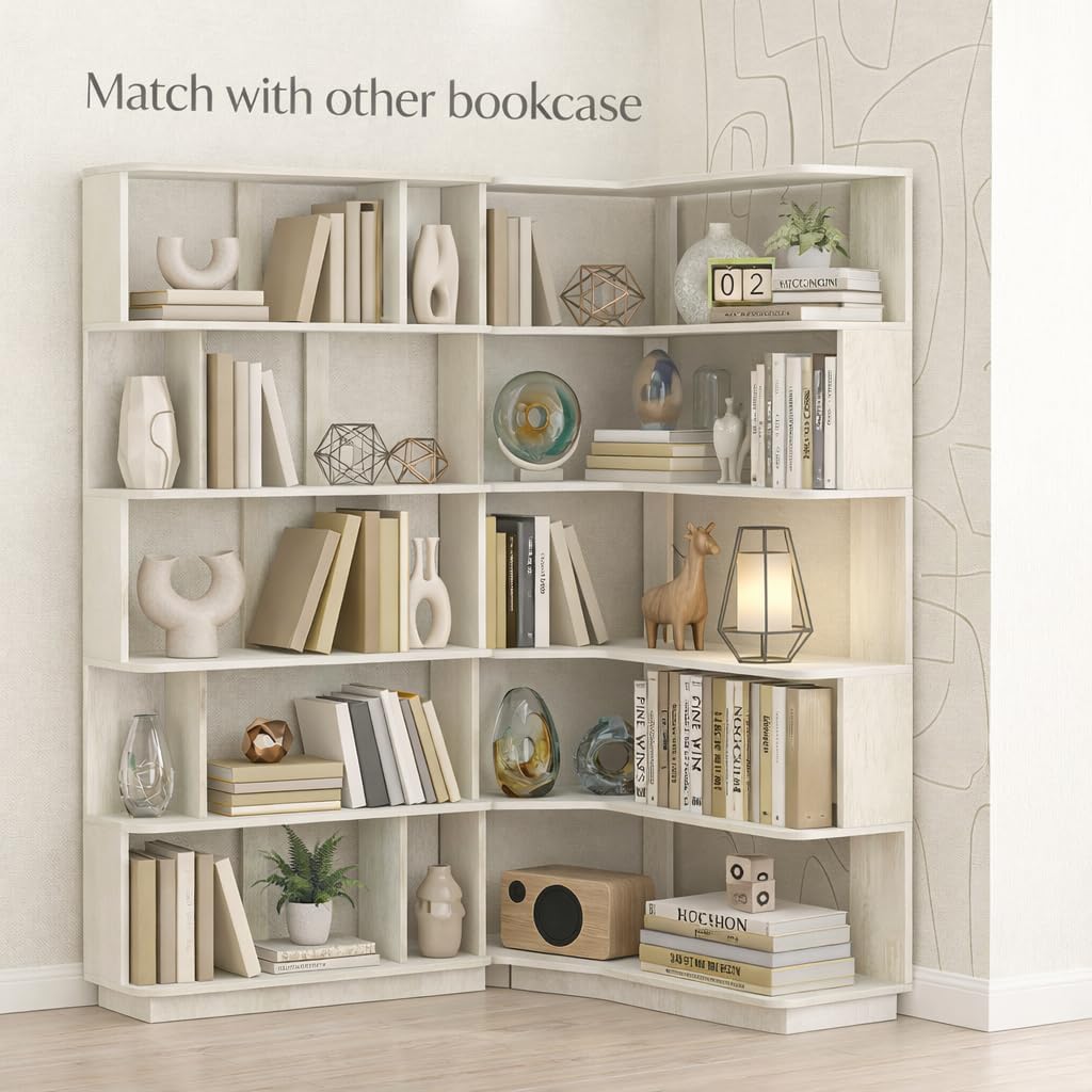 6 Tier Corner Bookshelf, Freestanding L-Shaped Wooden Bookcase with Open Shelves, Anti-Fall Panels and Anti-Tipping Device for Living Room, Home Office (White with Right Extension)