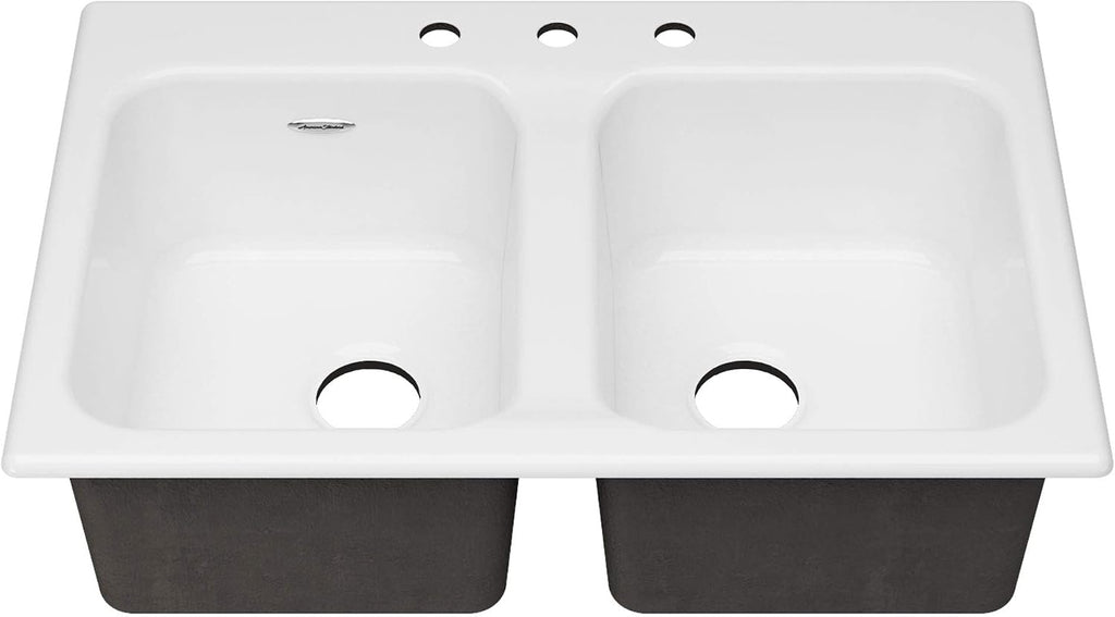 American Standard 77DB33223.308 Quince 33x22 Top Mount Double Bowl Cast Iron Kitchen Sink - 3 Holes Brilliant White