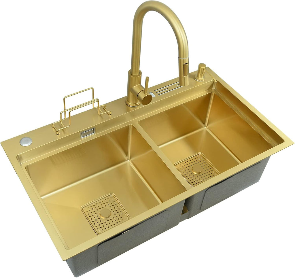304 Stainless Steel Ro Kitchen Sink Gold Double Bowl Bar Prep Sink Multi-Purpose RV Sink with Faucet and Drain Assembly Drop in Or Under Mount (Color : Gold-g, Size : 82x46x24cm)