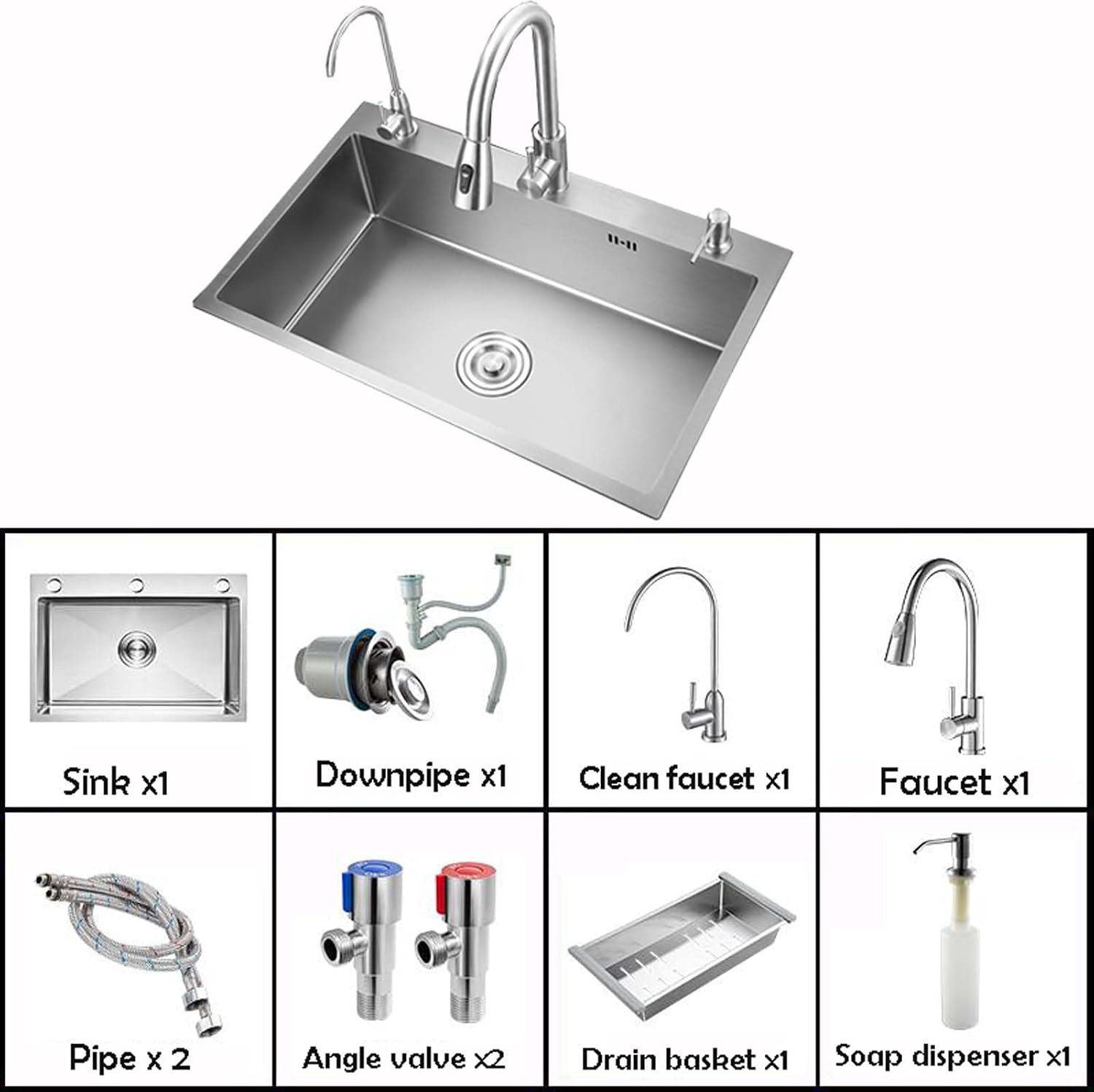 Workstation Kitchen Sink 72x45cm, Undermount 16 Gauge Stainless Steel Kitchen Sink, Drop in Single Bowl Kitchen Sink with Faucet, Soap Dispenser, Drain Bask(75x45cm