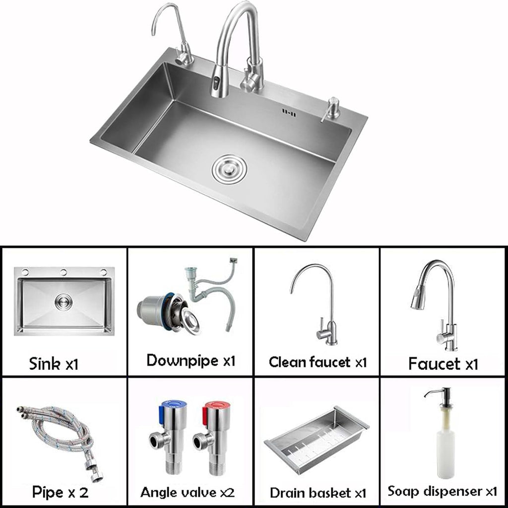 Workstation Kitchen Sink 72x45cm, Undermount 16 Gauge Stainless Steel Kitchen Sink, Drop in Single Bowl Kitchen Sink with Faucet, Soap Dispenser, Drain Bask(55x45cm