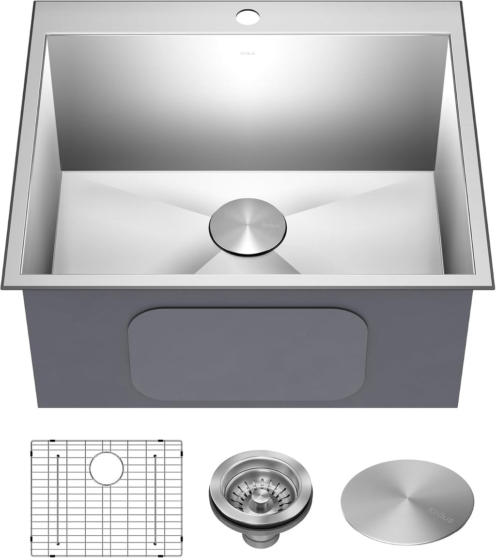 KRAUS Standart PRO 25-inch Drop-In Top Mount 16 Gauge Stainless Steel Single Bowl Laundry Utility Sink, KHT301-25L