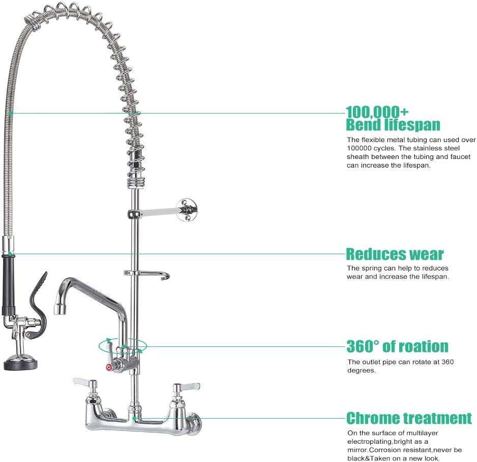 IMLEZON Commercial Faucet, Wall Mount Sink Faucet 8 Inch Center 47 Inch Commercial Kitchen Faucet with Pre-Rinse Sprayer and 12 Inch Swivel Spout
