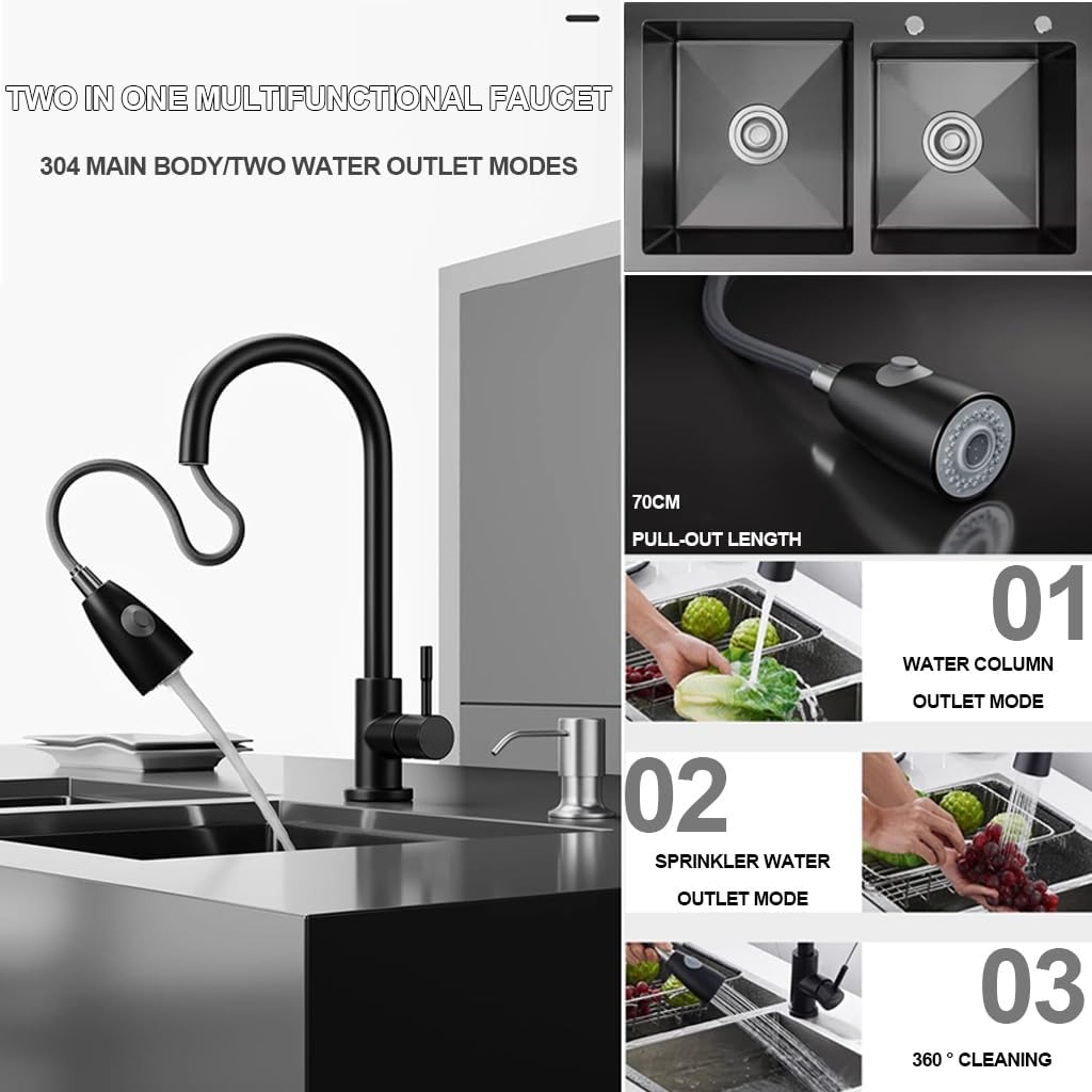 Double Bowl Kitchen Sink with Pull-Out Faucet Stainless Steel Kitchen Workstation Sink Multi-functional Bar Sink with Complete Accessory Set (Color : Black, Size : 72x40x21cm) (Black 72x40x21cm)