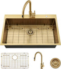 33 Inch Gold Drop In Kitchen Sink with Faucet Combo-VASOYO 33x22 Inch Gold Kitchen Sink with Faucet Combo Set Stainless Steel Deep Single Bowl Topmount Sinks and Faucets