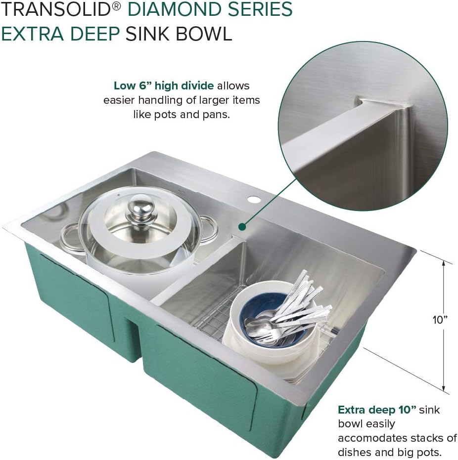 Transolid KKM-DTDE332210-3 Diamond 33-in L x 22-in W Equal Double Bowl Dual-Mount Kitchen Sink and Accessories Kit with 3 Pre-Drilled Holes in Stainless Steel