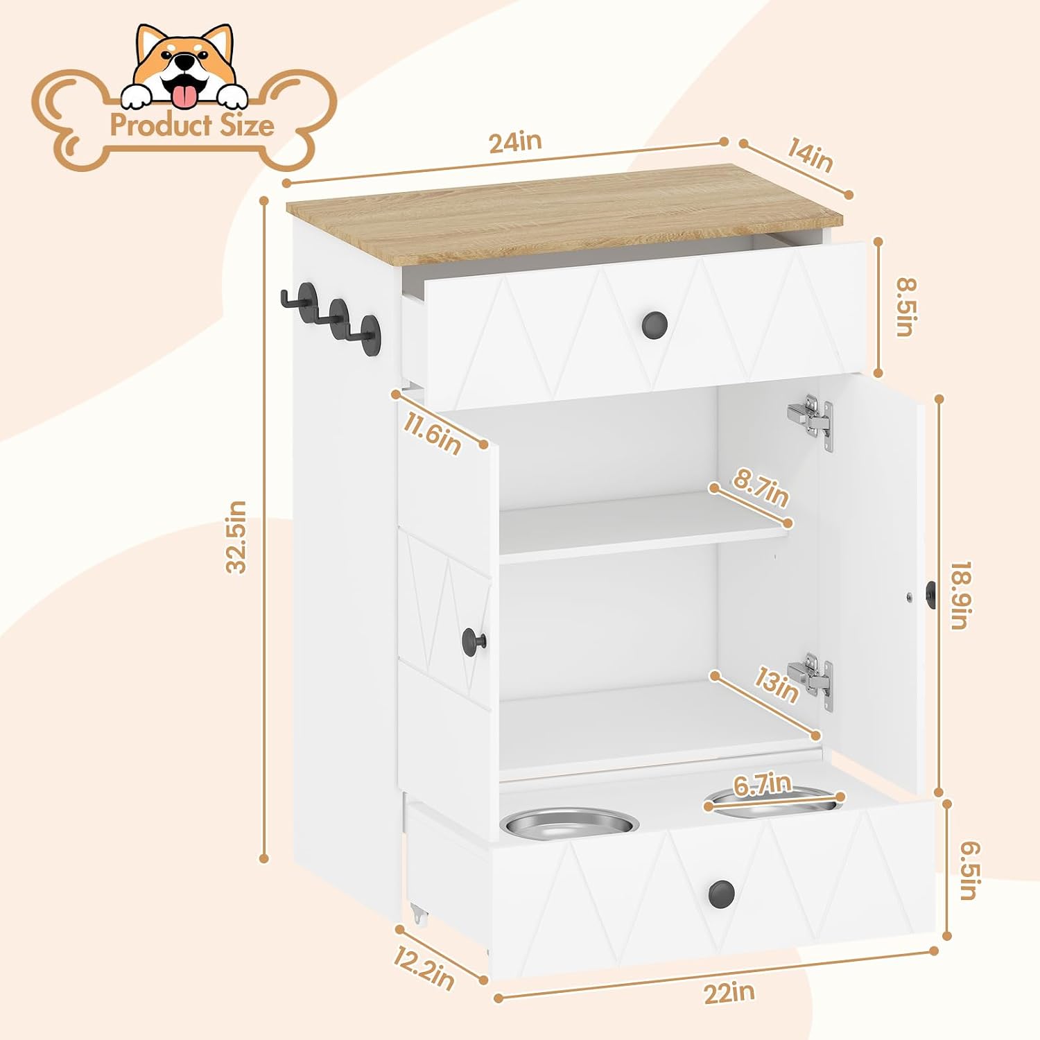 Pet Feeding Station with Storage, Raised Dog Bowls, Pet Feeder Cabinet, with Adjustable Shelves, Rolling Drawer, Hooks, for Feeding & Watering Supplies (Light)