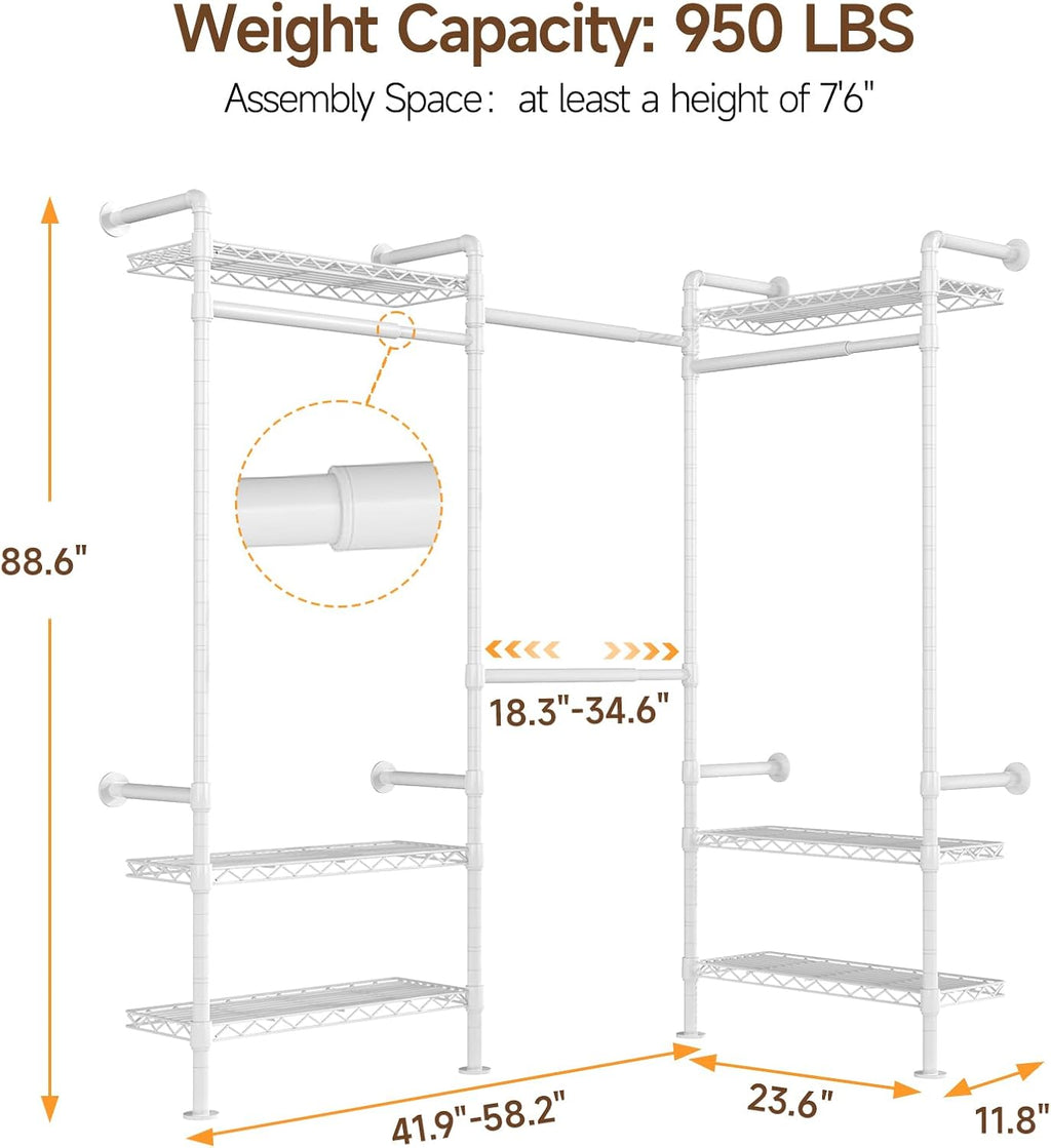 ONBRILL L3 Wall Mounted Industrial Pipe Closet System, Corner Closet Organizers with 4 Telescopic Rods & 6 Shelves, Heavy Duty Clothing Clothes Rack in Wardrobe Closet (White)