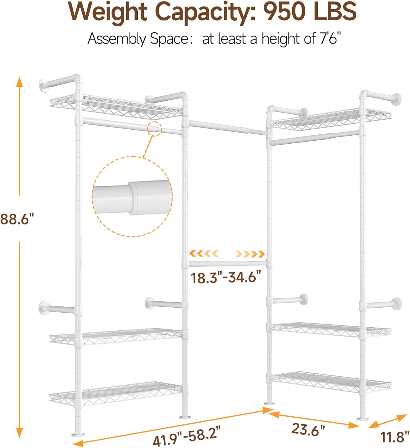ONBRILL L3 Wall Mounted Industrial Pipe Closet System, Corner Closet Organizers with 4 Telescopic Rods & 6 Shelves, Heavy Duty Clothing Clothes Rack in Wardrobe Closet (White)