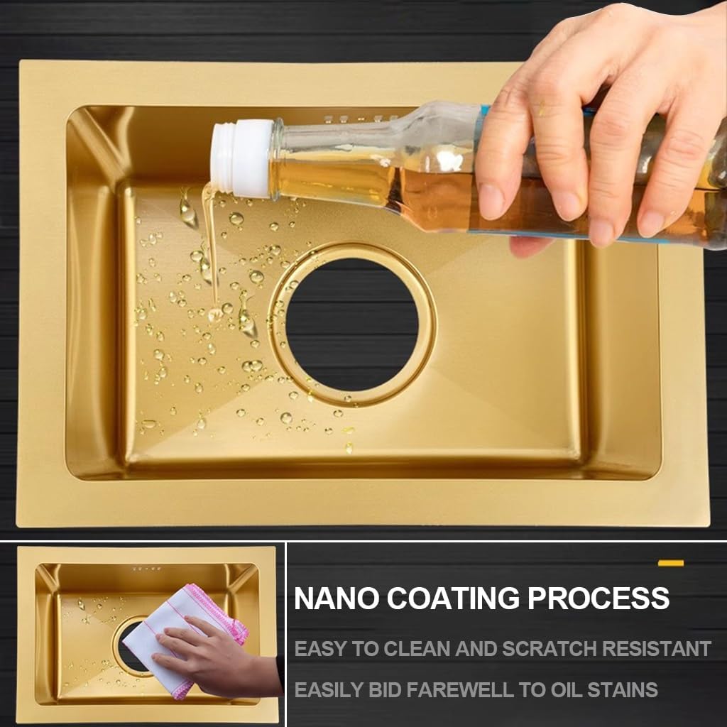 304 Stainless Steel Kitchen Sink Gold Nano Single Bowl Bar Sink Multi-Functional Household RV Sink with Large Bend Faucet & Drainage Component (Color : Gold, Size : 45x45x21cm) (Gold 36x36x21cm)