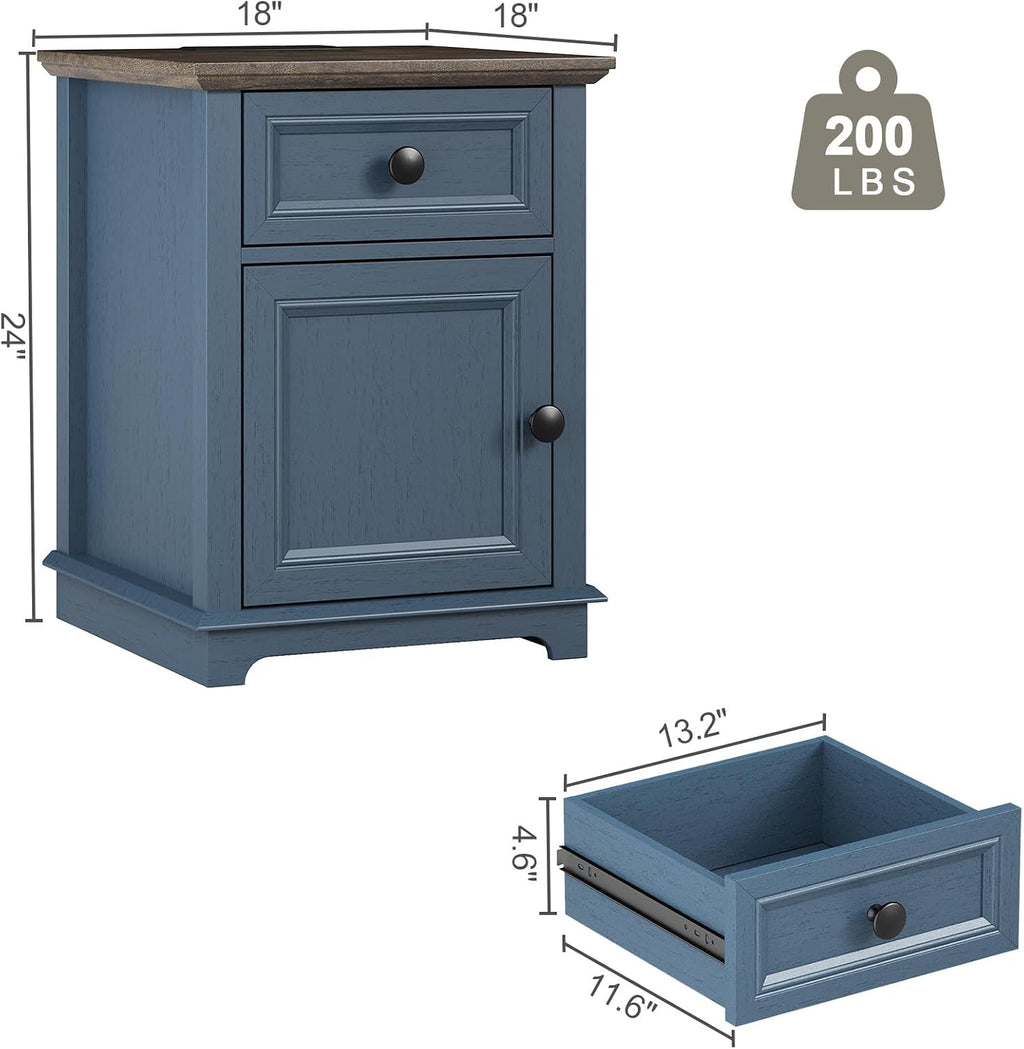 REDAYFUR 24' Tall End Table with Fast Charging Station, Square Side Table with Drawer & Large Storage Cabinet, Vintage Wooden Table for Living Room/Bedroom, Blue