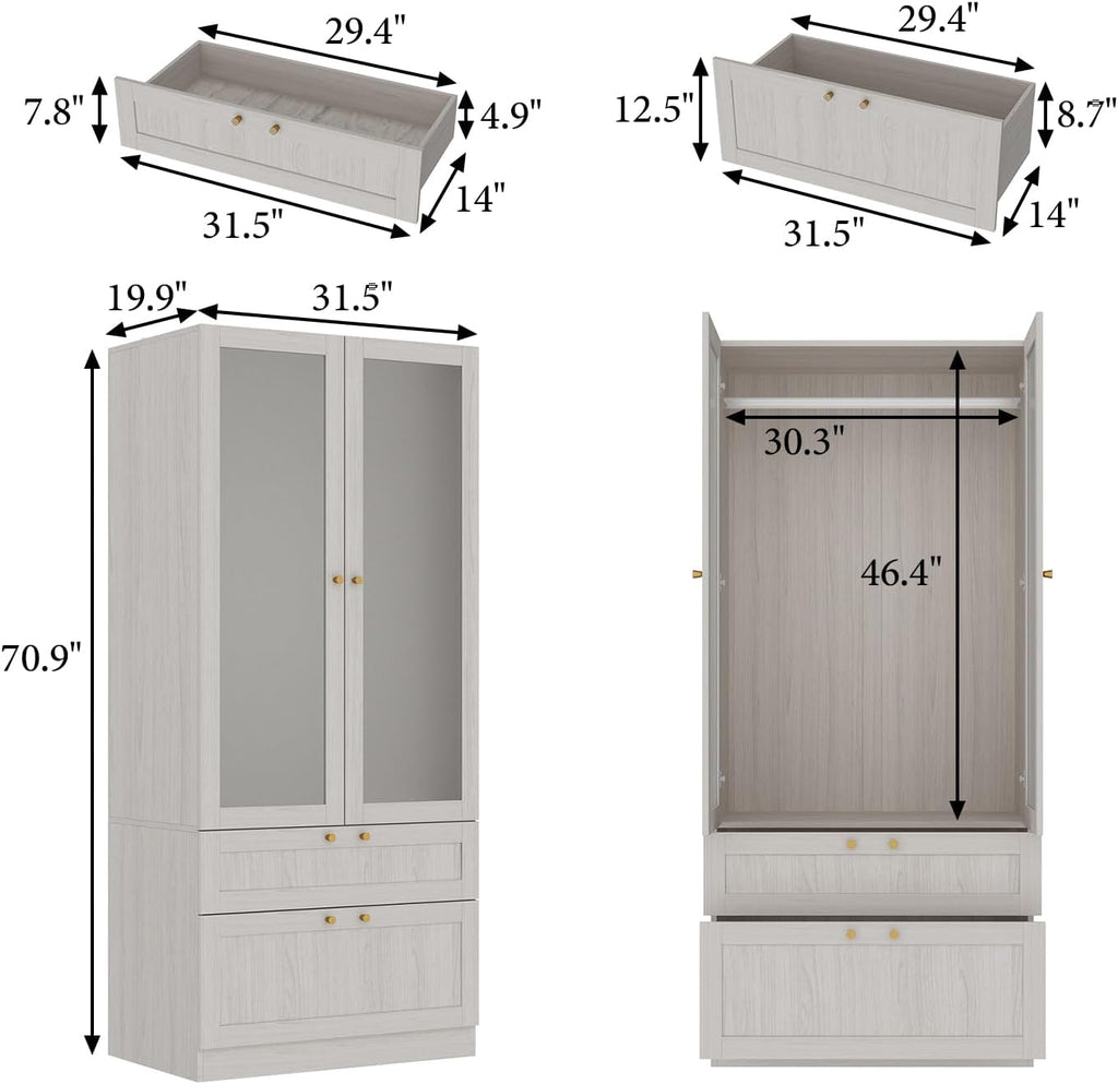 MOUMON Modern Wardrobe with Drawers, Bedroom Armoires with Frosted Glass Doors and Hanging Rod, Armoire Wardrobe Closet with Gold Knobs, Wood Grain 31.5' W x 19.9' D x 70.9' H