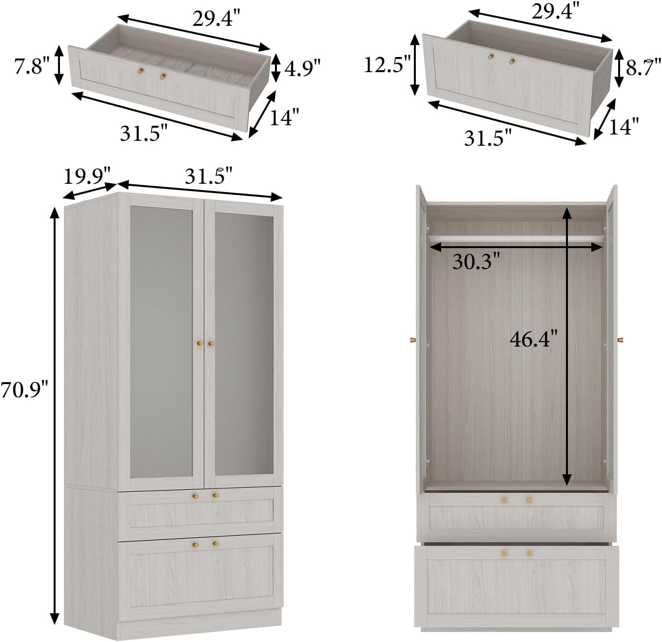 MOUMON Modern Wardrobe with Drawers, Bedroom Armoires with Frosted Glass Doors and Hanging Rod, Armoire Wardrobe Closet with Gold Knobs, Wood Grain 31.5' W x 19.9' D x 70.9' H