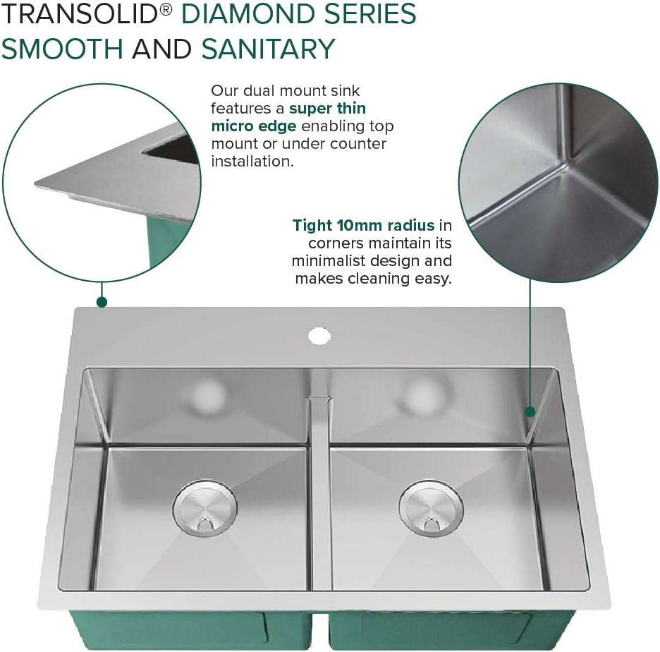 Transolid KKM-DTDE332210-3 Diamond 33-in L x 22-in W Equal Double Bowl Dual-Mount Kitchen Sink and Accessories Kit with 3 Pre-Drilled Holes in Stainless Steel